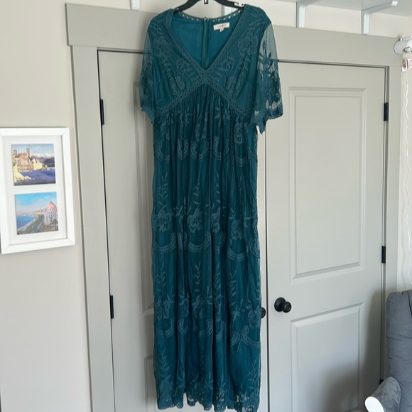 PinkBlush Teal Lace Mesh Overlay Maternity Maxi Dress - Picture 2 of 6